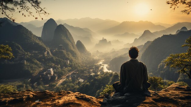 Un homme se tient au sommet d'une montagne et regarde la vallée.