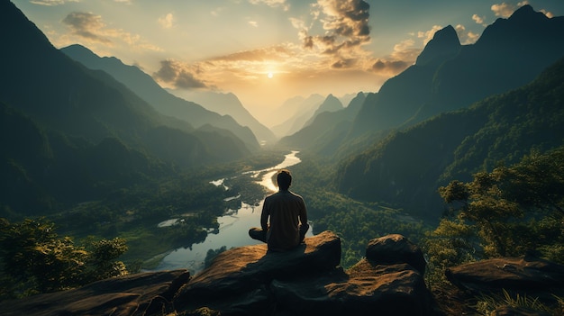 Un homme se tient au sommet d'une montagne et regarde la vallée.