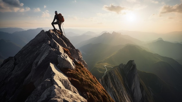 Un homme se tient au sommet d'une montagne avec le soleil qui brille sur lui.