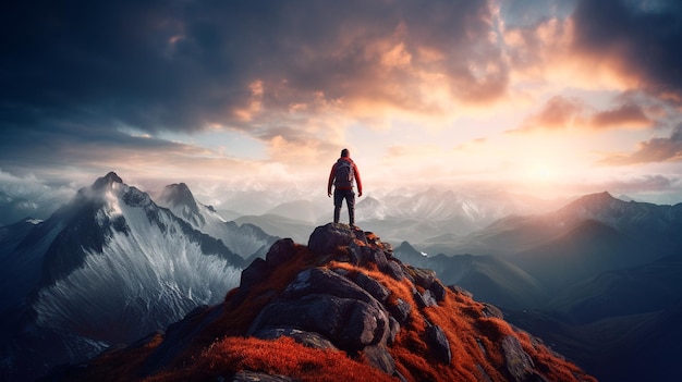 Un homme se tient au sommet d’une montagne