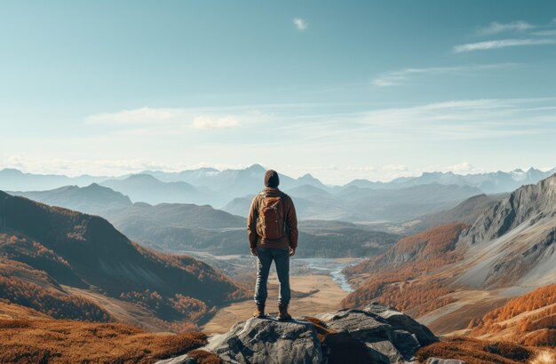 un homme se tient au sommet des montagnes