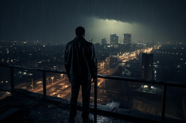 Photo un homme se tient sur le balcon et regarde les lumières de la ville dans l'obscurité nocturne.