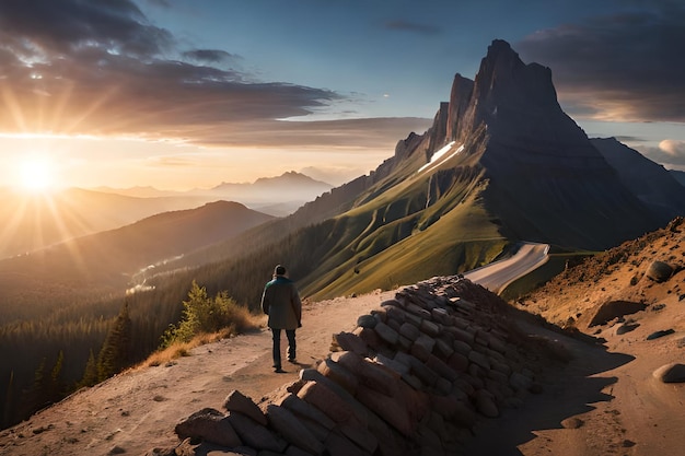 Un homme se tient sur un chemin devant une montagne avec le soleil se couchant derrière lui.