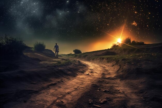 Un homme se tient sur un chemin de terre dans le ciel nocturne.