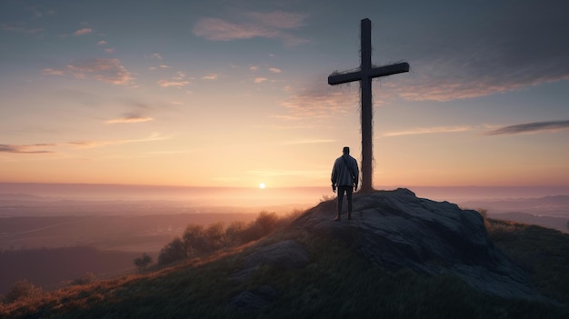 Un homme se tient sur une colline avec une croix au sommet