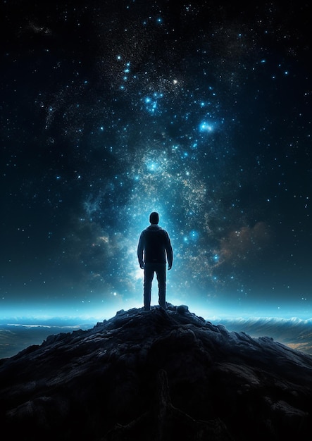 Un homme se tient sur une colline devant un ciel étoilé.
