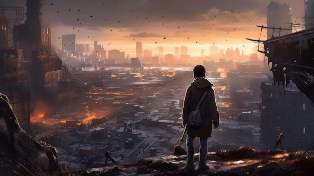 Un homme se tient sur une colline en regardant un paysage urbain avec une ville en arrière-plan.