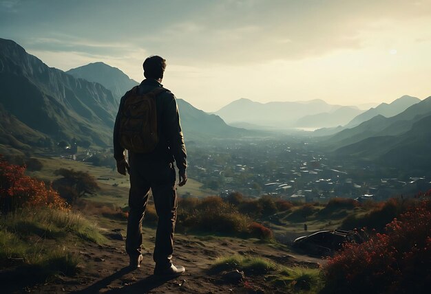 Photo un homme se tient sur une colline et regarde les montagnes.