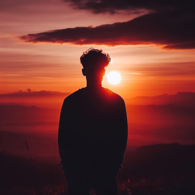 un homme se tient sur une colline avec le soleil qui se couche derrière lui