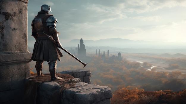 Un homme se tient sur une corniche surplombant un paysage avec un château au loin.