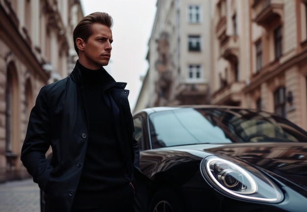 Un homme se tient à côté d'une voiture de luxe Un homme d'affaires est vêtu d'un manteau sombre et a une expression sérieuse sur son visage