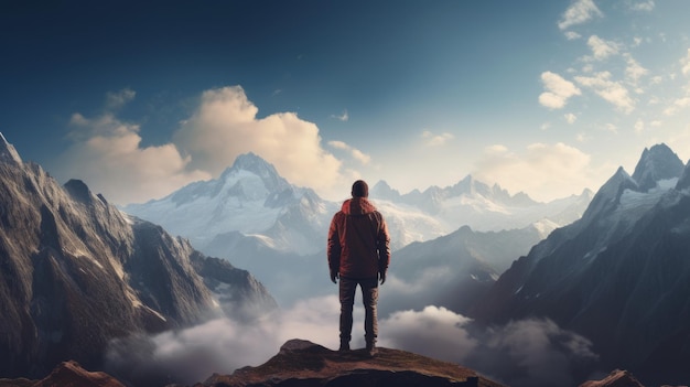 L'homme se tient sur une crête de montagne Belle image d'illustration IA générative