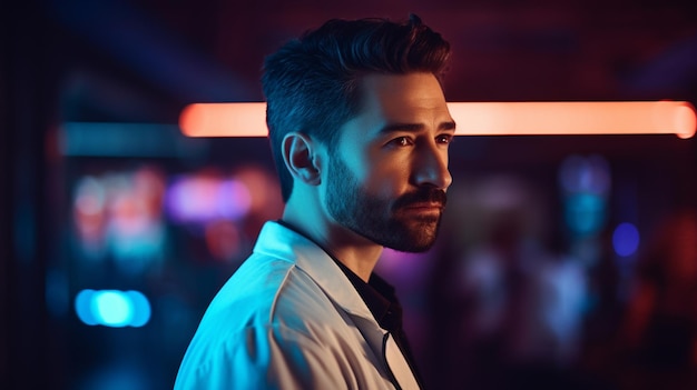 Un homme se tient dans un bar avec un néon derrière lui.