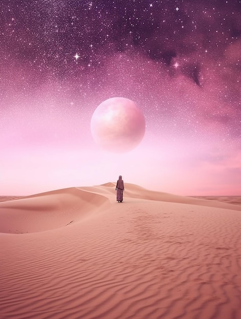 Un homme se tient dans le désert avec un ciel violet et la lune est visible.