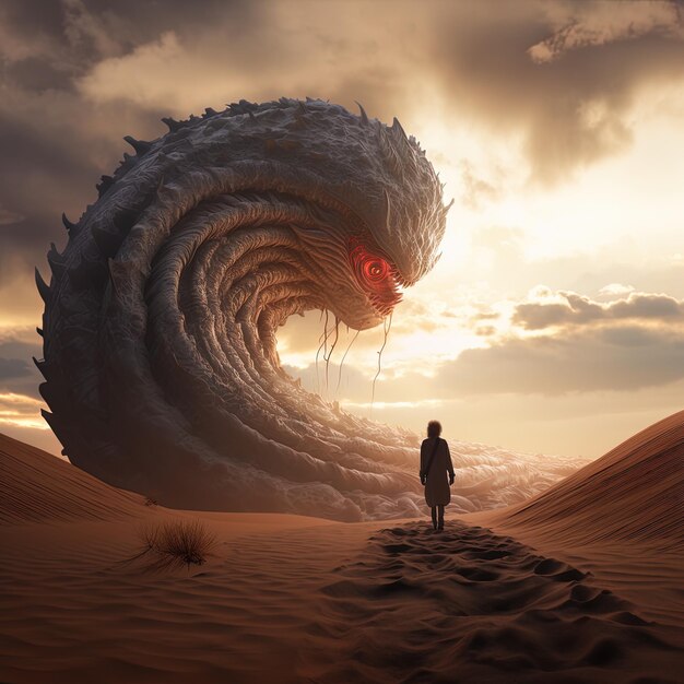 un homme se tient dans le désert avec un dragon géant en arrière-plan