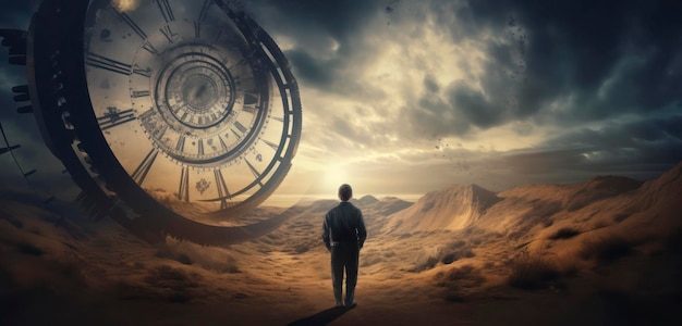 Un homme se tient dans le désert en regardant une horloge géante.