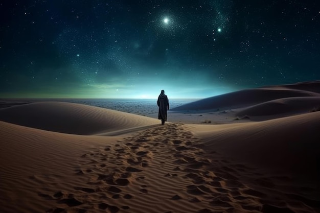 Un homme se tient dans le désert et regarde l'horizon.