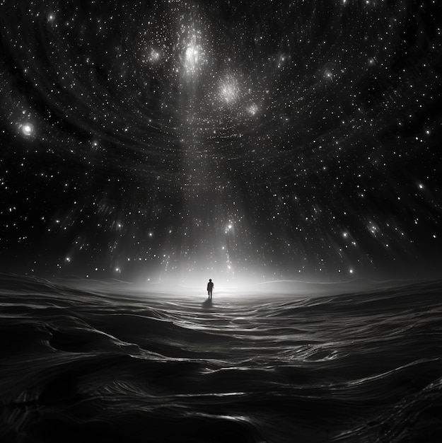 Photo un homme se tient dans l’eau devant un ciel rempli d’étoiles.
