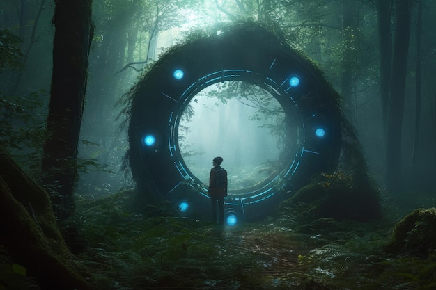 Un homme se tient dans une forêt sombre avec une grande porte circulaire qui dit "l'avenir"