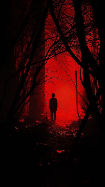 Un homme se tient dans une forêt sombre avec une lumière rouge derrière lui.