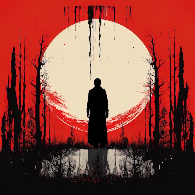 un homme se tient dans une forêt sombre avec une lune rouge en arrière-plan