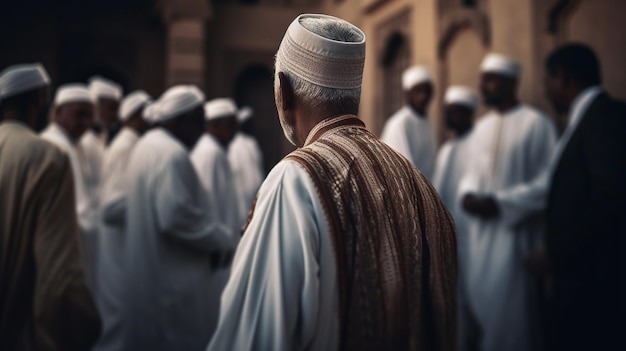 Un homme se tient dans une foule dans une mosquée, avec le mot 'al - mu'sur le devant.
