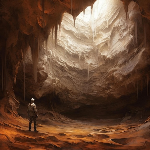 Photo un homme se tient dans une grotte avec une grande grotte en arrière-plan.