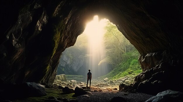 Un homme se tient dans une grotte avec le soleil qui brille à travers la grotte.