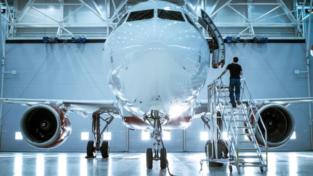 Un homme se tient dans un hangar avec un avion devant lui.