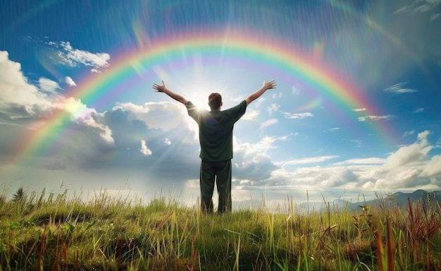 Un homme se tient dans l'herbe avec les bras levés vers un arc-en-ciel qui s'étend à travers le ciel symbolisant l'espoir et la joie