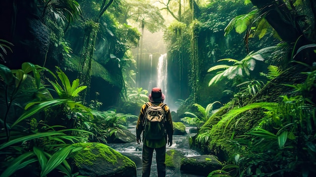 Un homme se tient dans une jungle avec un sac à dos et regarde une chute d'eau.