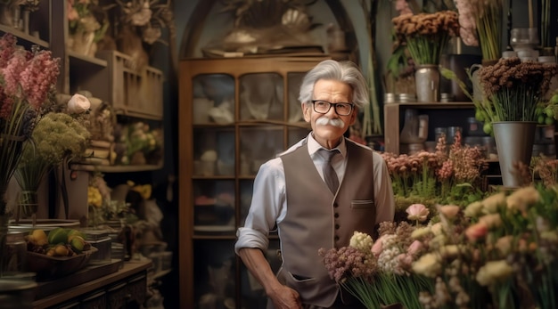 Un homme se tient dans un magasin de fleurs avec un bouquet de fleurs derrière lui.