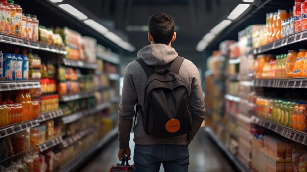 L’homme se tient dans un marché d’épicerie en train de choisir des produits d’épicerie