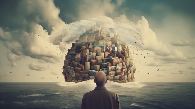 Un homme se tient dans l'océan en regardant une énorme pile de livres.
