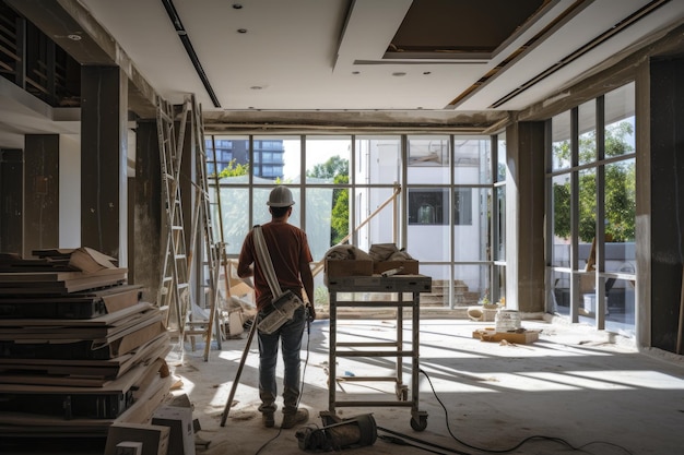 Un homme se tient dans une pièce en cours de construction Entrepreneur général à l'intérieur d'un bâtiment moderne généré par l'IA