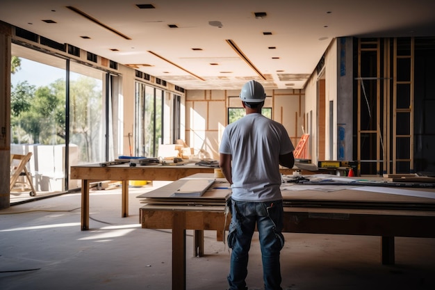 Un homme se tient dans une pièce en cours de construction avec des murs inachevés et du câblage apparent. Entrepreneur général à l'intérieur d'un bâtiment moderne généré par l'IA.