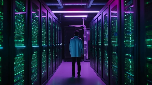 Un homme se tient dans une pièce sombre avec une lumière violette qui dit "l'avenir du serveur"