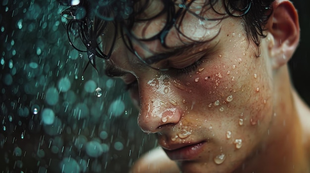 Un homme se tient dans la pluie avec le visage mouillé il a l'air fatigué et triste les gouttes de pluie sur son visage et