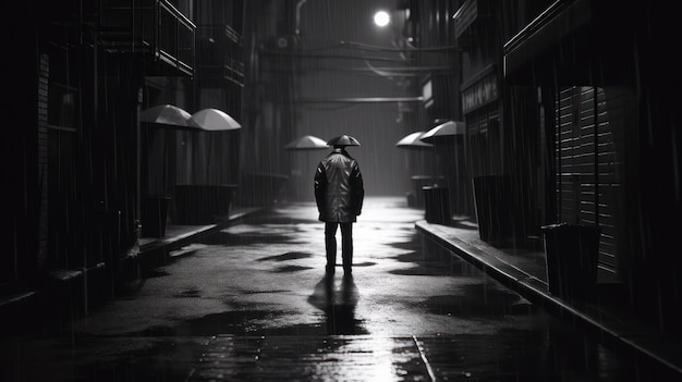 Un homme se tient dans une ruelle sombre avec un chapeau blanc.