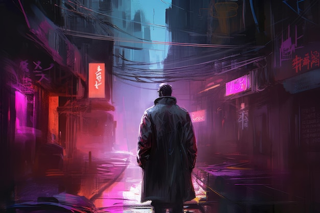 Un homme se tient dans une ruelle sombre avec une enseigne au néon qui dit "cyberpunk" dessus.