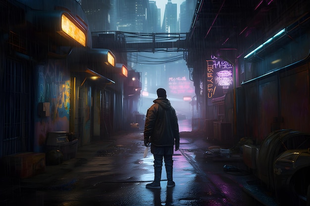 Un homme se tient dans une ruelle sombre avec des enseignes au néon qui disent cyberpunk.