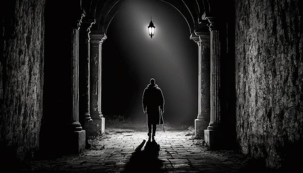 Un homme se tient dans une ruelle sombre avec une lumière au plafond.