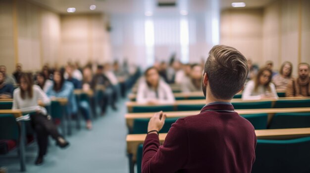 Un homme se tient dans une salle de conférence et donne une conférence.