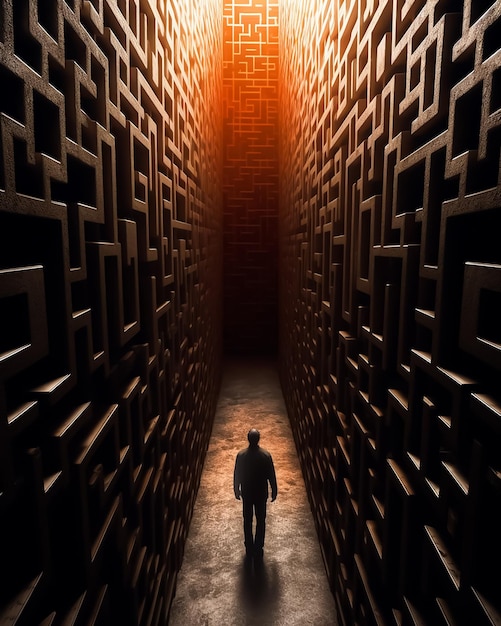 Un homme se tient dans un tunnel de labyrinthes