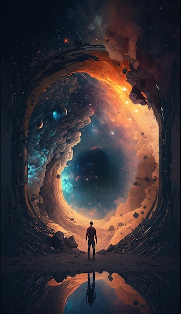 Un homme se tient dans un tunnel sur lequel est inscrit le mot infini.