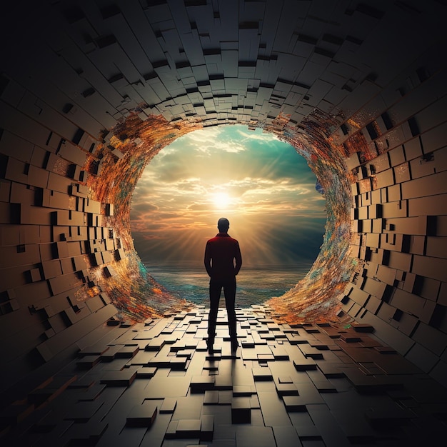 un homme se tient dans un tunnel avec des livres au fond