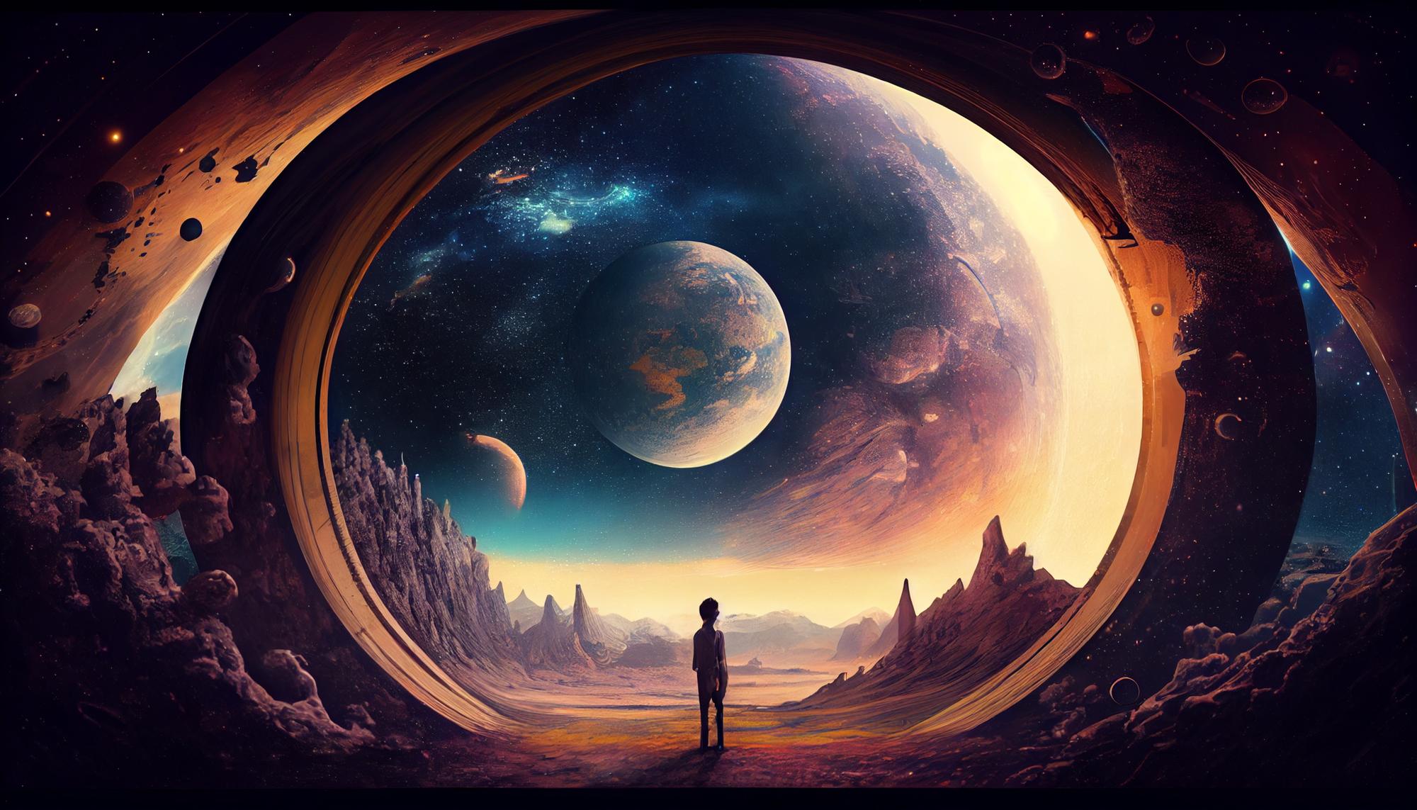 Un homme se tient dans un tunnel avec des planètes en arrière-plan.