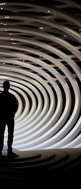 un homme se tient dans un tunnel qui a un motif noir et blanc