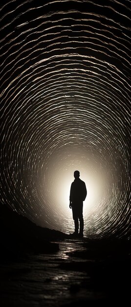 un homme se tient dans un tunnel sombre avec une lumière au milieu