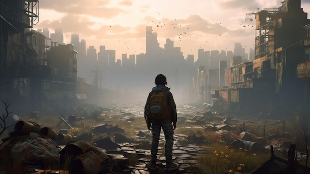 Un homme se tient dans une ville en ruine avec la ville en arrière-plan.